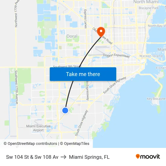 Sw 104 St & Sw 108 Av to Miami Springs, FL map