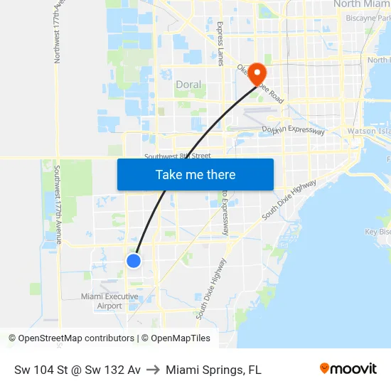 Sw 104 St @ Sw 132 Av to Miami Springs, FL map