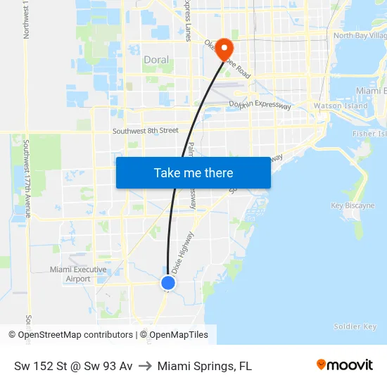 Sw 152 St @ Sw 93 Av to Miami Springs, FL map