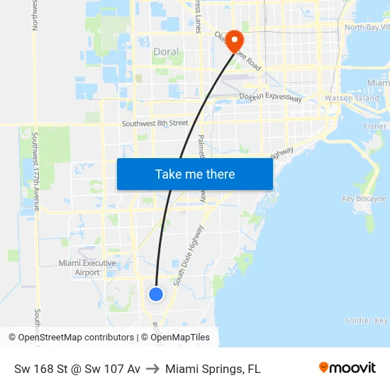Sw 168 St @ Sw 107 Av to Miami Springs, FL map