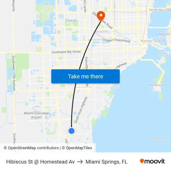 Hibiscus St @ Homestead Av to Miami Springs, FL map