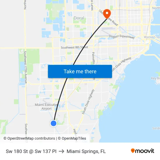 Sw 180 St @ Sw 137 Pl to Miami Springs, FL map
