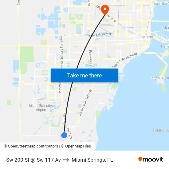 Sw 200 St @ Sw 117 Av to Miami Springs, FL map