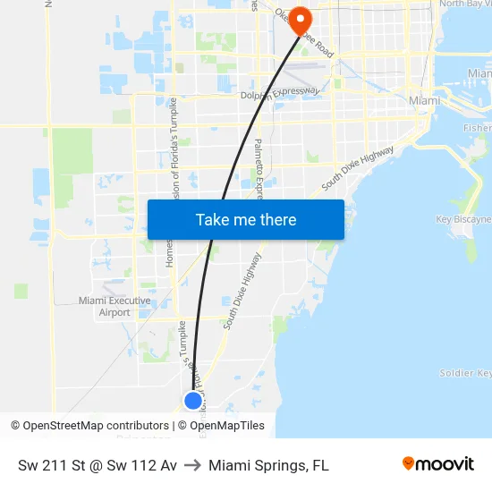 Sw 211 St @ Sw 112 Av to Miami Springs, FL map