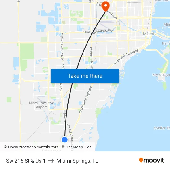 Sw 216 St & Us 1 to Miami Springs, FL map