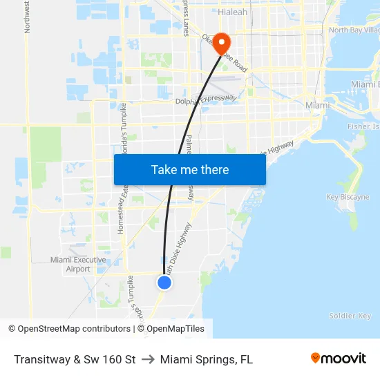 Transitway & Sw 160 St to Miami Springs, FL map