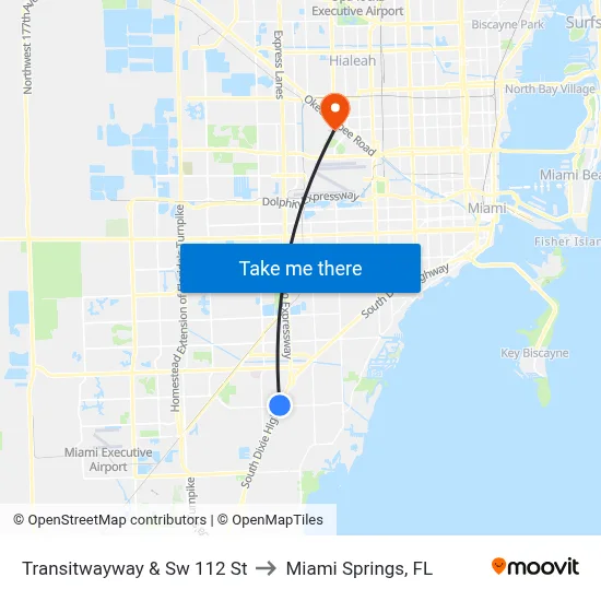Transitwayway & Sw 112 St to Miami Springs, FL map