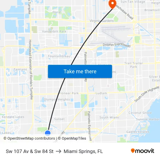 Sw 107 Av & Sw 84 St to Miami Springs, FL map