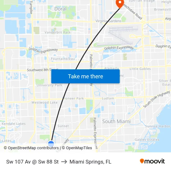 Sw 107 Av @ Sw 88 St to Miami Springs, FL map