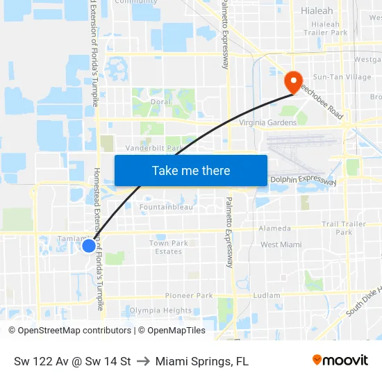 Sw 122 Av @ Sw 14 St to Miami Springs, FL map