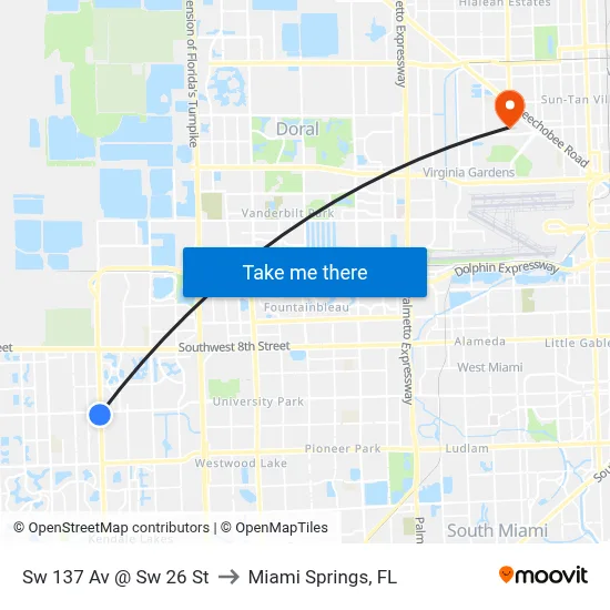 Sw 137 Av @ Sw 26 St to Miami Springs, FL map