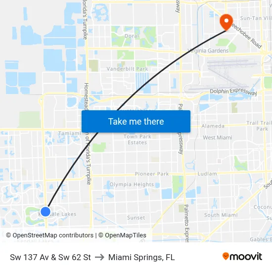 Sw 137 Av & Sw 62 St to Miami Springs, FL map