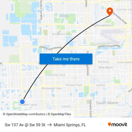 Sw 137 Av @ Sw 59 St to Miami Springs, FL map