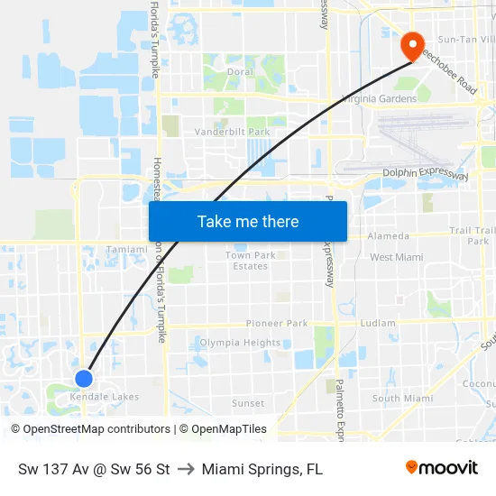 Sw 137 Av @ Sw 56 St to Miami Springs, FL map