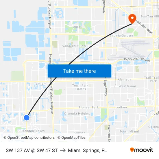 Sw 137 Av @ Sw 47 St to Miami Springs, FL map
