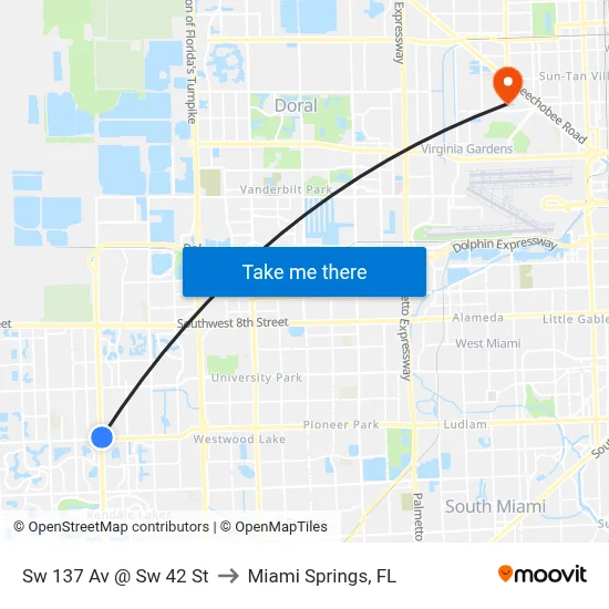 Sw 137 Av @ Sw 42 St to Miami Springs, FL map