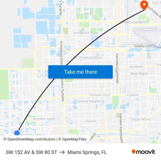 Sw 152 Av & Sw 80 St to Miami Springs, FL map