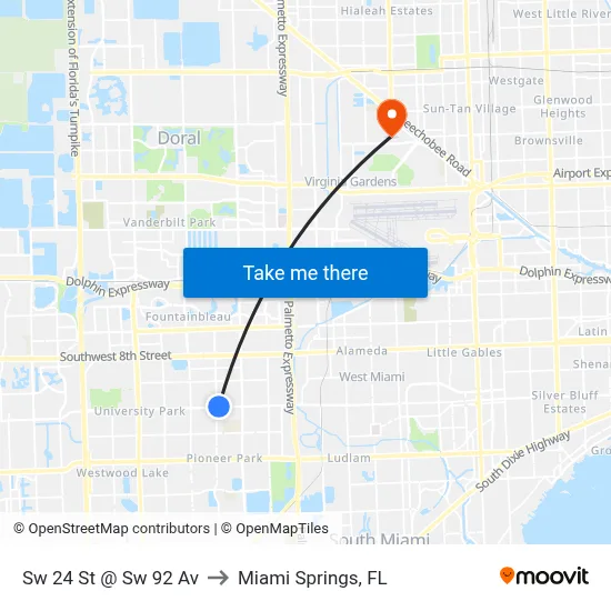 Sw 24 St @ Sw 92 Av to Miami Springs, FL map