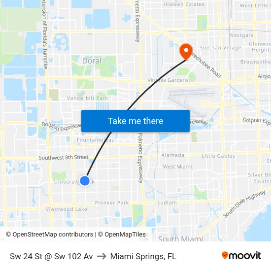 Sw 24 St @ Sw 102 Av to Miami Springs, FL map