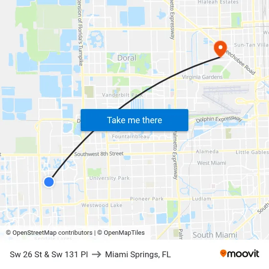 Sw 26 St & Sw 131 Pl to Miami Springs, FL map