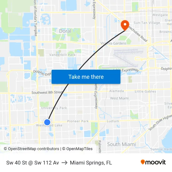 Sw 40 St @ Sw 112 Av to Miami Springs, FL map