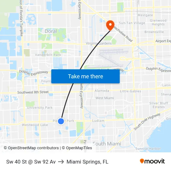 Sw 40 St @ Sw 92 Av to Miami Springs, FL map
