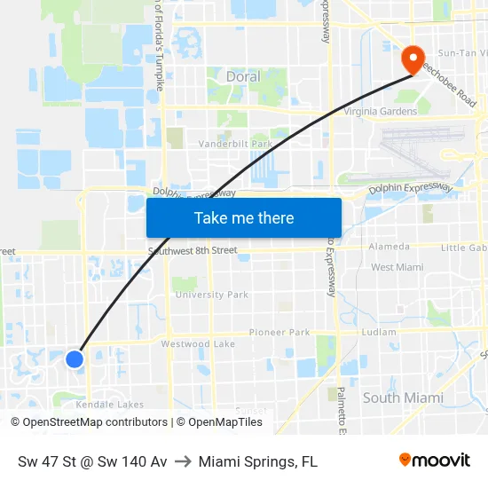 Sw 47 St @ Sw 140 Av to Miami Springs, FL map