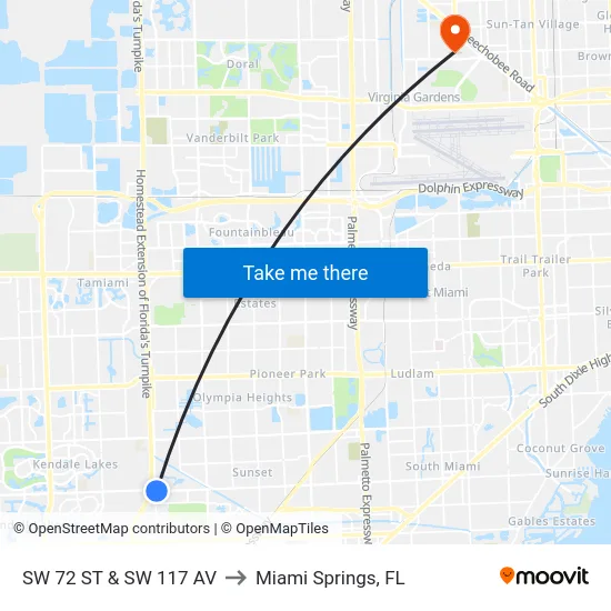Sw 72 St & Sw 117 Av to Miami Springs, FL map