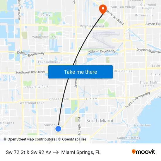 Sw 72 St & Sw 92 Av to Miami Springs, FL map
