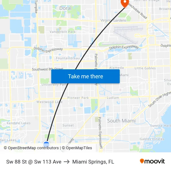 Sw 88 St @ Sw 113 Ave to Miami Springs, FL map