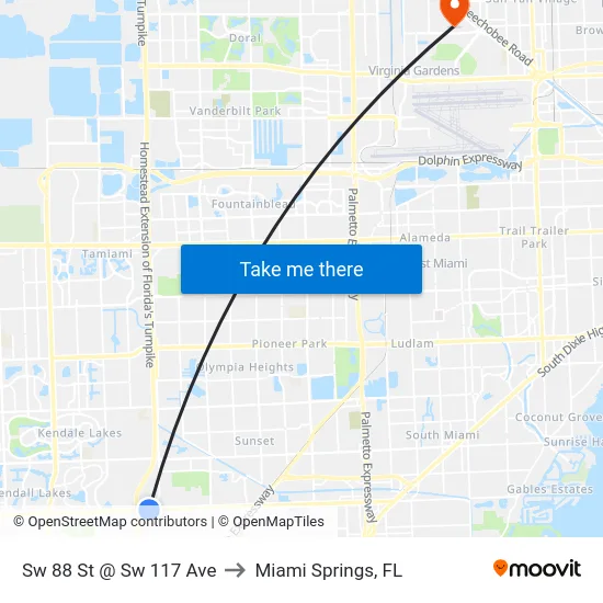 Sw 88 St @ Sw 117 Ave to Miami Springs, FL map