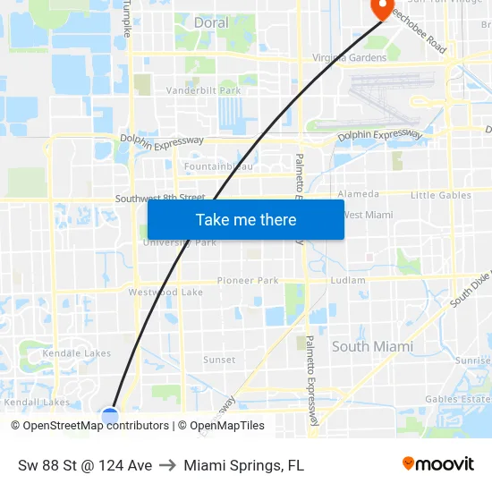 Sw 88 St @ 124 Ave to Miami Springs, FL map