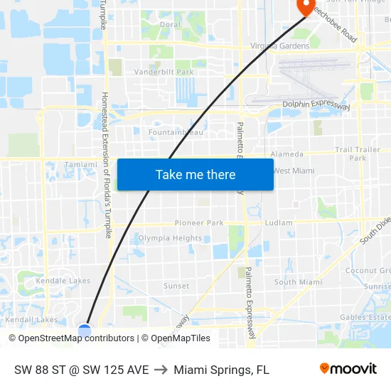 Sw 88 St @ Sw 125 Ave to Miami Springs, FL map