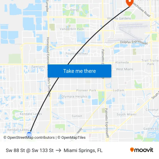 Sw 88 St @ Sw 133 St to Miami Springs, FL map