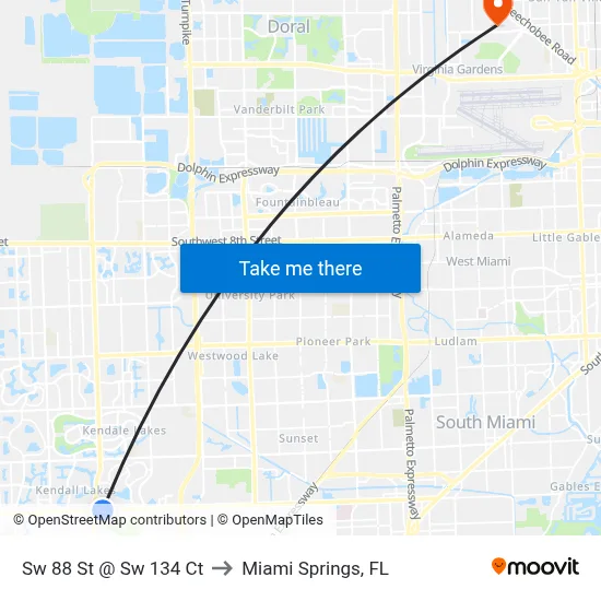 Sw 88 St @ Sw 134 Ct to Miami Springs, FL map