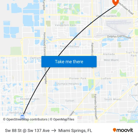 Sw 88 St @ Sw 137 Ave to Miami Springs, FL map