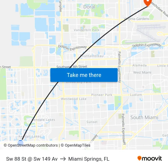 Sw 88 St @ Sw 149 Av to Miami Springs, FL map