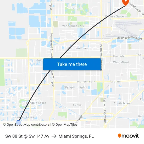 Sw 88 St @ Sw 147 Av to Miami Springs, FL map