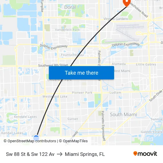 Sw 88 St & Sw 122 Av to Miami Springs, FL map