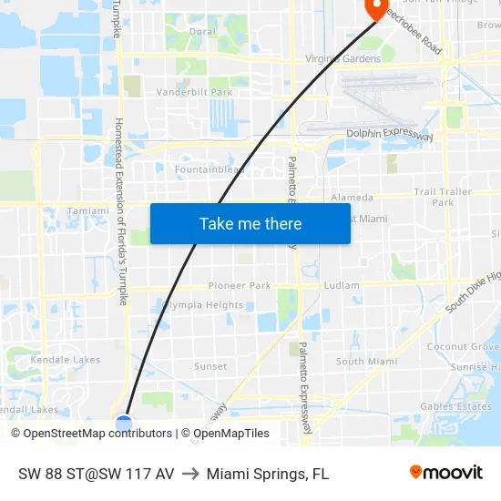 Sw 88 St@sw 117 Av to Miami Springs, FL map