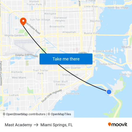 Mast Academy to Miami Springs, FL map