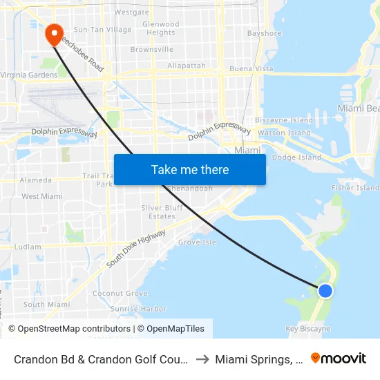 Crandon Bd & Crandon Golf Course to Miami Springs, FL map