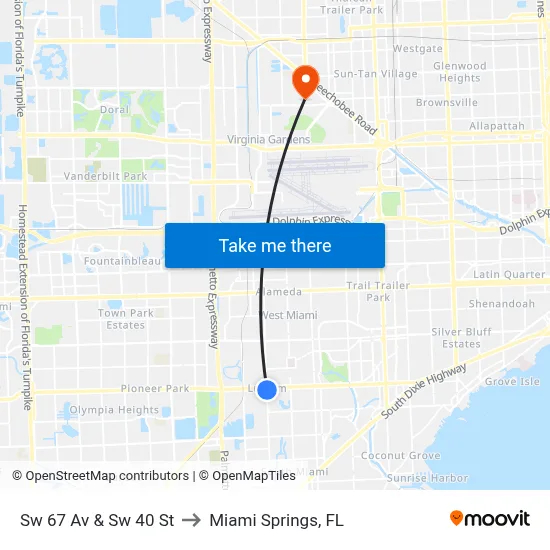 Sw 67 Av & Sw 40 St to Miami Springs, FL map