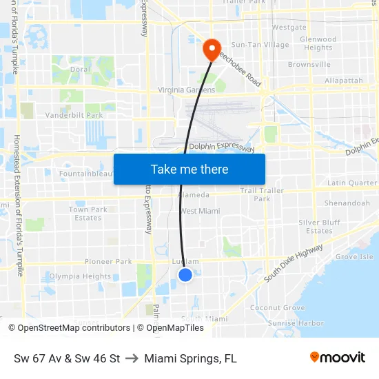 Sw 67 Av & Sw 46 St to Miami Springs, FL map