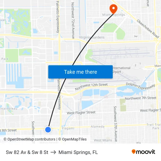 Sw 82 Av & Sw 8 St to Miami Springs, FL map