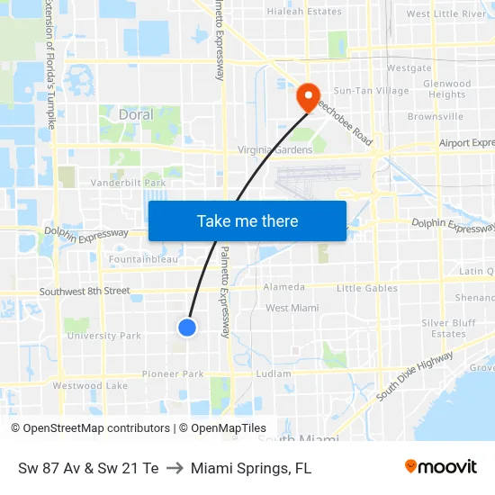 Sw 87 Av & Sw 21 Te to Miami Springs, FL map