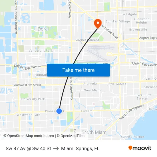 Sw 87 Av @ Sw 40 St to Miami Springs, FL map