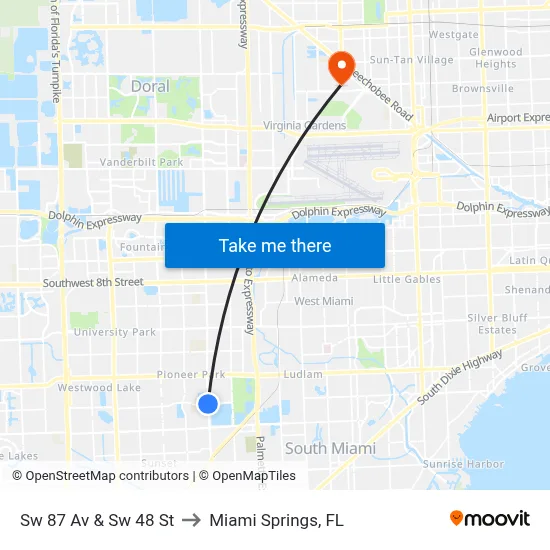 Sw 87 Av & Sw 48 St to Miami Springs, FL map