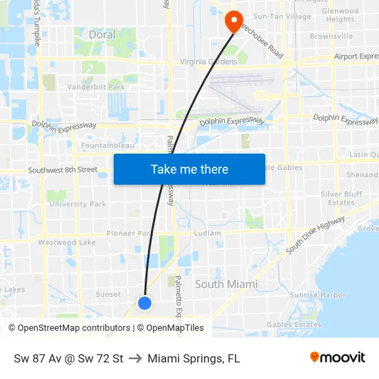 Sw 87 Av @ Sw 72 St to Miami Springs, FL map