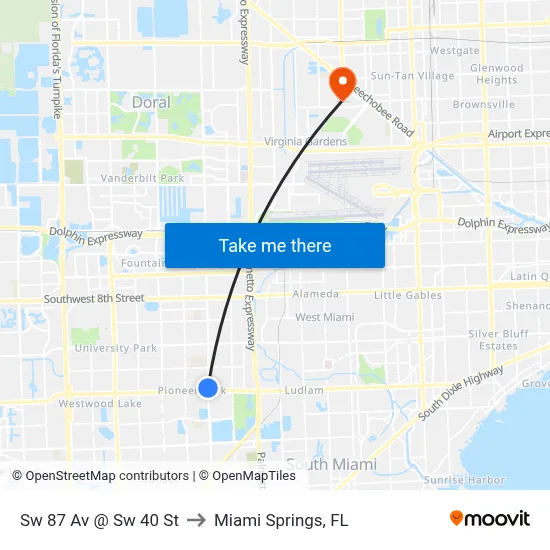 Sw 87 Av @ Sw 40 St to Miami Springs, FL map